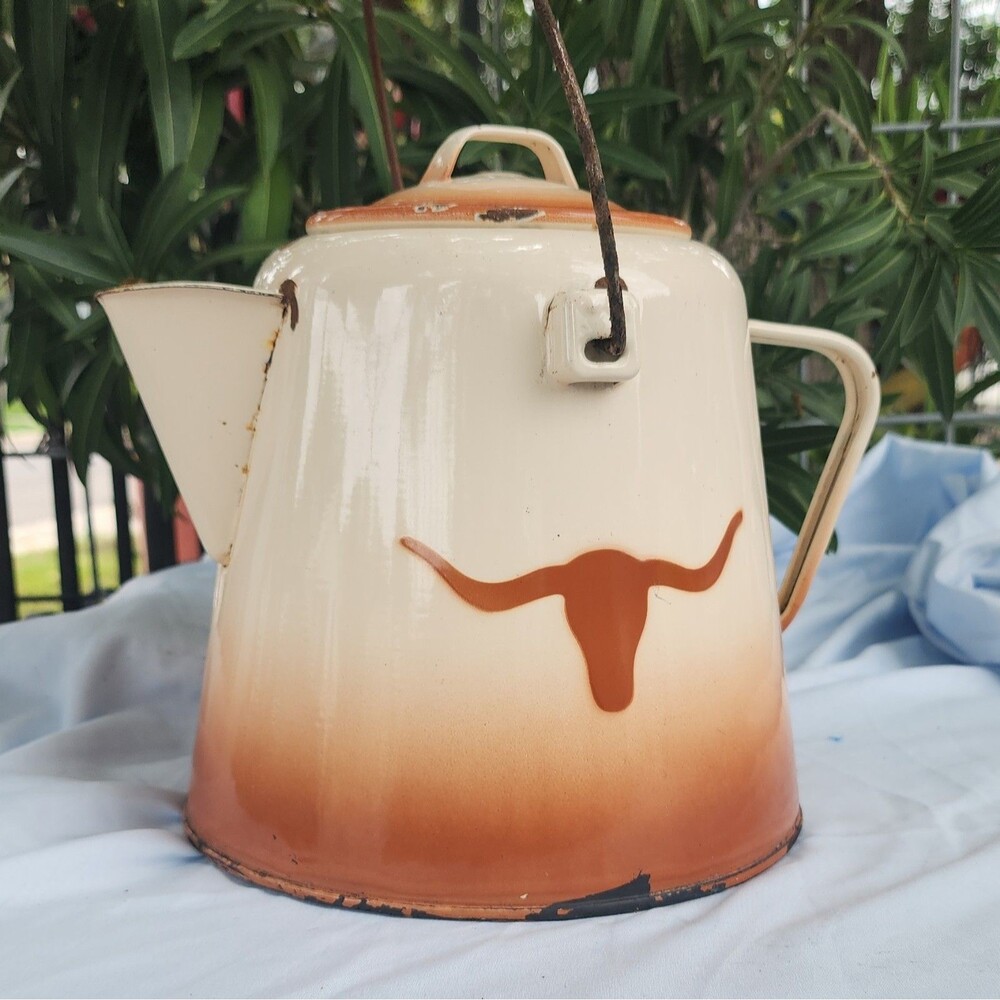 Cream & Orange Glossy Enamel Metal Tea Pot w/ Lid, Longhorn Pattern